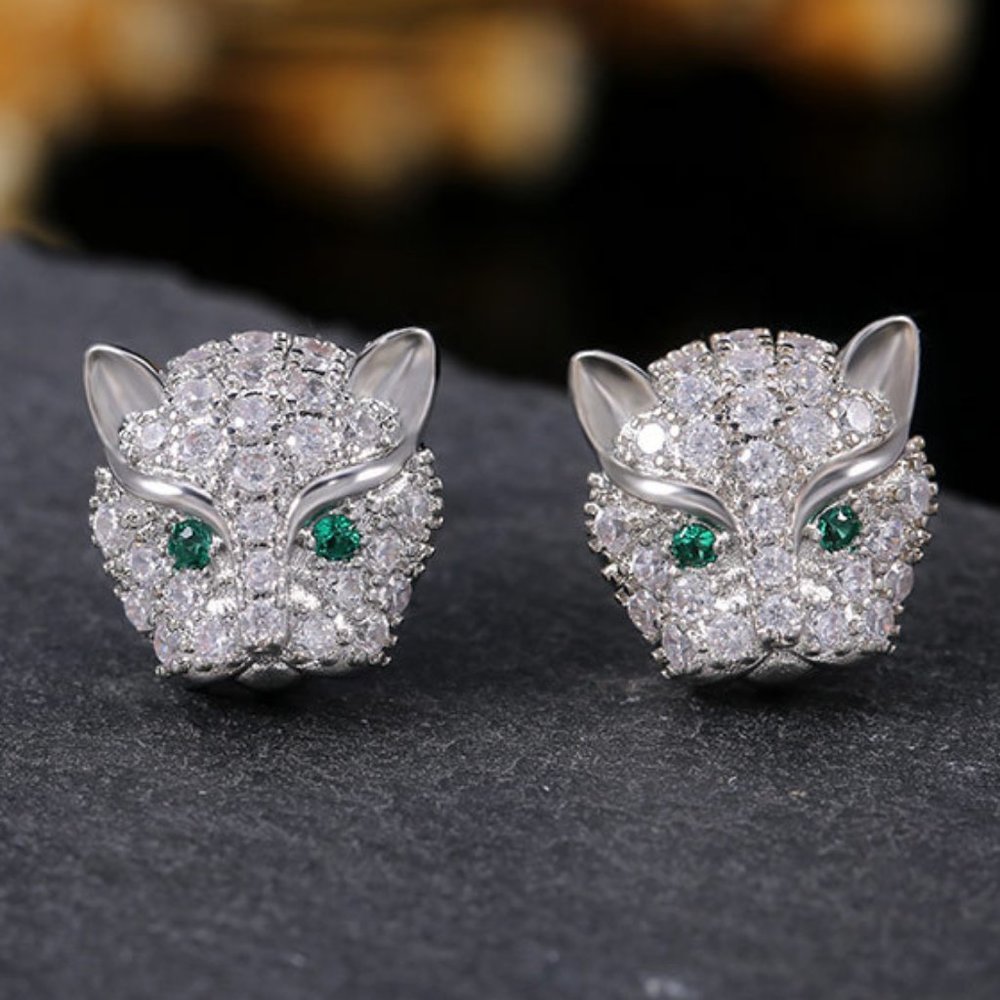 NEW Silver Emerald Diamond Panther Cat Earrings